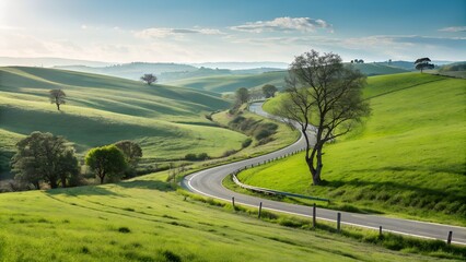 Serene Winding Road Through Lush Green Rolling Hills Under a Bright Sky