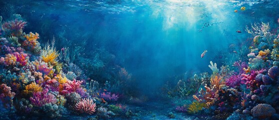 Fototapeta premium Vibrant coral reef thrives beneath sunlit ocean waters.