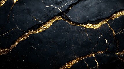 Black marble texture with golden veins and cracks on dark background, luxury natural stone pattern for interior design and decoration purposes.