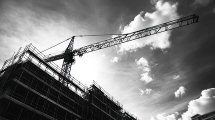 Construction site crane under dramatic sky