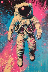Fototapeta premium Astronaut floats amidst colorful space explosion art.