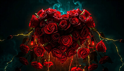 Bioluminescent Heart of Red Roses with Cascading Strings in a Dark, Eerie Valentine&rsquo;s Atmosphere