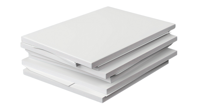 Piled Papers: An isometric depiction of a stack of pristine white paper, neatly arranged, signifying organization and the potential for boundless creativity, ready to capture thoughts.