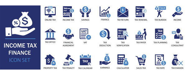Income tax and finance icon set. Featuring tax payment, deduction, VAT, tax planning, financial agreement, earnings, calculator, and tax evasion. Ideal for web, apps, and presentations.