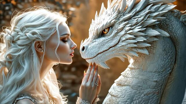 portrait blonde woman and her white dragon in a fantasy scene