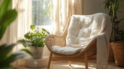 Cozy wicker chair by window, sunlight & plants