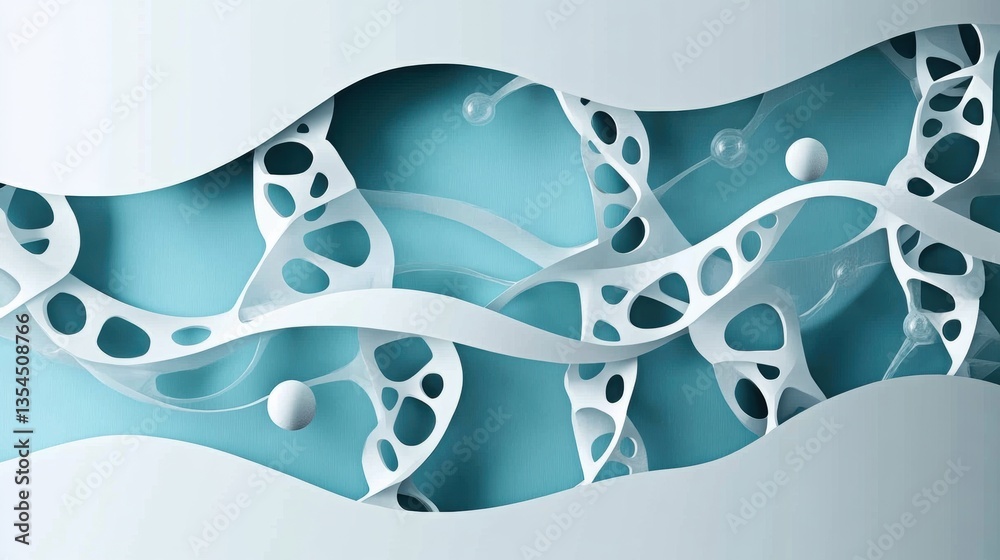 Poster futuristic paper cut design featuring molecular structures and dna helixes in a sleek, clean layout