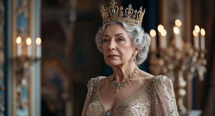 Graceful middle aged queen in crown and gown castle majesty photography model