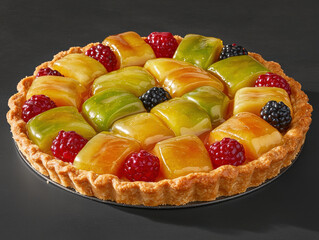 delicious fruit tart featuring colorful arrangement of glossy fruit pieces, including green apples, blackberries
