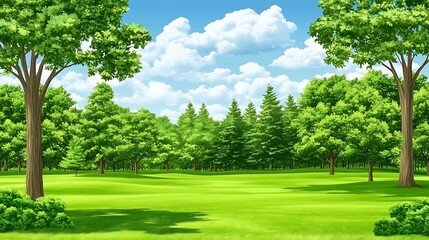 Lush green park with trees and blue sky.
