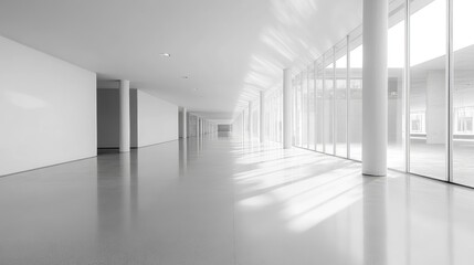 Minimalist White Hallway with Glass Walls and Sunlight