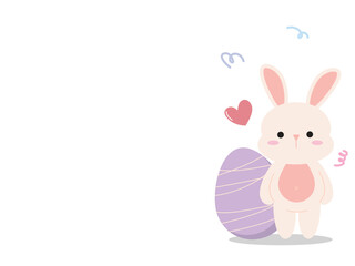 Happy bunny with easter egg pastel flat art design. Cute rabbit decorate with festive vector concept of celebration, holiday and spring time for postcard clipart illustration style.