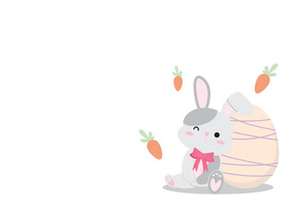 Happy bunny with easter egg and carrot pastel flat art design. Cute rabbit decorate with festive vector concept of celebration, holiday and spring time for postcard clipart illustration style.