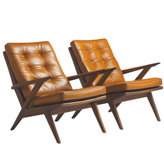 Mid Century Modern Lounge Chairs with Leather Seats Isolated on Transparent Background