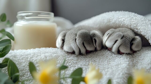 Gray cat paws resting on white towel with glass of milk and spring flowers, creating cozy wellness atmosphere for spa, massage or pet care marketing.