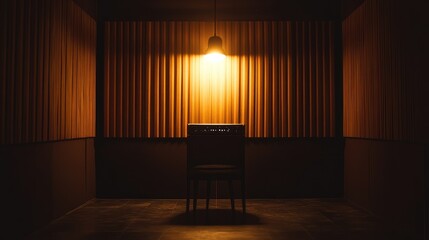 Fototapeta premium A Single Chair in a Dark Room with Striped Walls and a Hanging Light