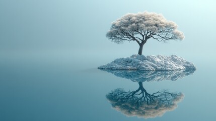 Solitary Snow-Covered Tree on a Serene Island, Mirrored in Tranquil Waters