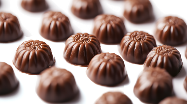 A close up of many chocolate candies with a white background