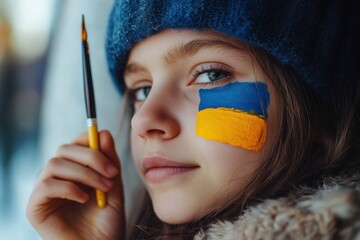 Young girl with painted Ukrainian flag and brush conveys artistic protest and resilient spirit of youth