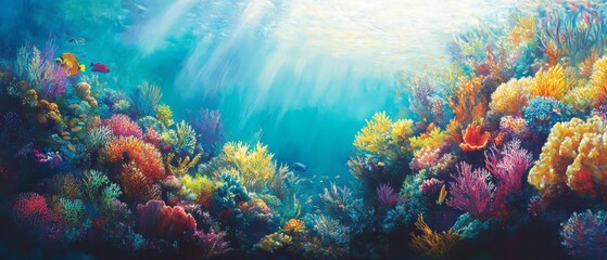 Fototapeta premium Vibrant coral reef ecosystem with sunlight filtering down.