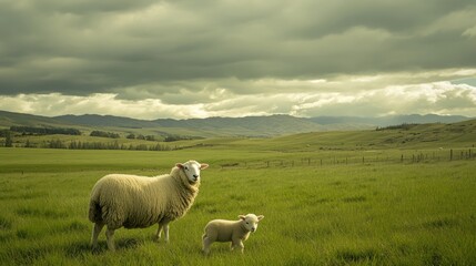 Sheep and lamb in grassy field, cloudy sky. Landscape.  Possible use Stock photo