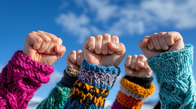 Raised fists wearing colorful knitted winter sweater sleeves against blue sky with white clouds, unity and solidarity concept in cold weather.