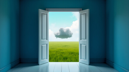 Fototapeta premium A dreamlike image of a blue-painted room with an open double door leading to a lush green field