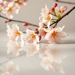 Fototapeta premium Delicate peach blossoms mirrored in pristine white surface, backdrop, water