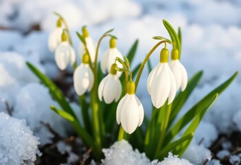 Delicate white snowdrop blooms emerge from melting snow, showcasing elegant drooping bells, stamens, image