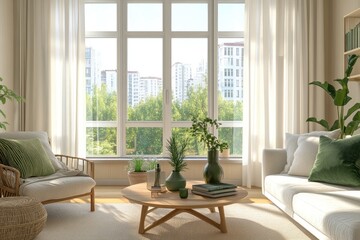 Modern, bright living room with city view