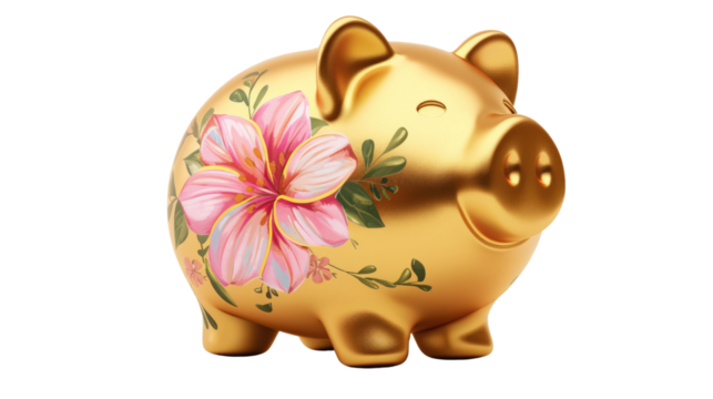 Floral piggy bank: A gold piggy bank adorn with colorful flower, embodies the principles of savings and finance, encouraging financial responsibility and a secure future.
