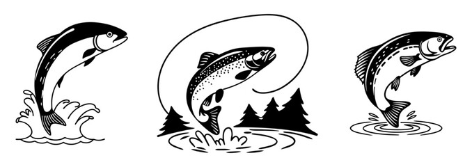 Salmon, Fish, Jumping salmon Fish Illustration, Salmon Art, Trout Fishing Vector, Salmon Fish Drawing
