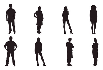 Vector Silhouettes of Men and Women - Standing Business People on White Background