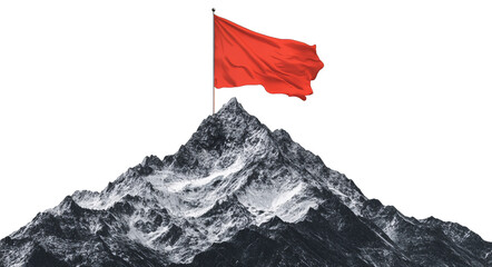 Red flag on top of a mountain, isolated against a transparent background