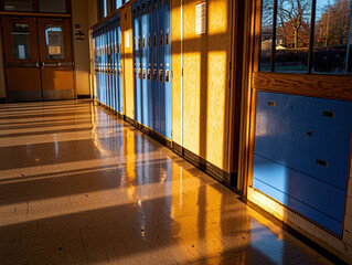 serene hallway illuminated by sunset, casting long shadows polished floors and vibrant blue lockers, creating warm atmosphere