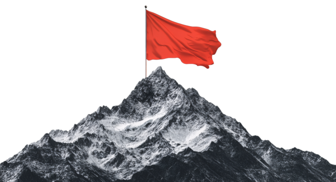 Red flag on top of a mountain, isolated against a transparent background