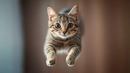 Obraz premium A Curious Tabby Kitten in Mid-Air, Paws Outstretched