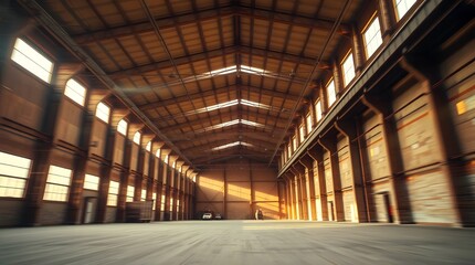 Spacious Empty Warehouse Interior with Natural Light Streaming Through Windows