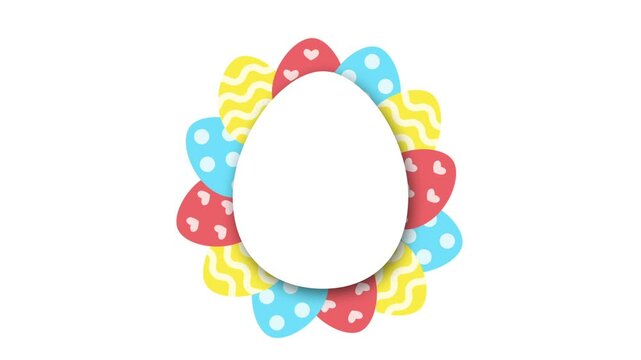 Bright animation with colorful pink, blue and yellow easter eggs and copy space on the white background. Happy easter background.