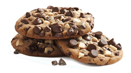 Obraz premium Three chocolate chip cookies stacked on top of each other