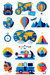 Fototapeta premium Travel Icons Collection Featuring Backpack, Map, Globe, and Transportation