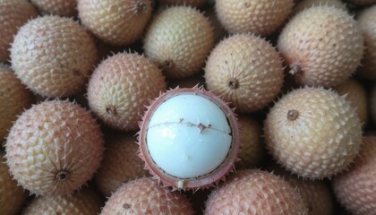 Fresh Juicy Lychees Close-up of Ripe Lychee Fruits with Bumpy Skin and White Flesh