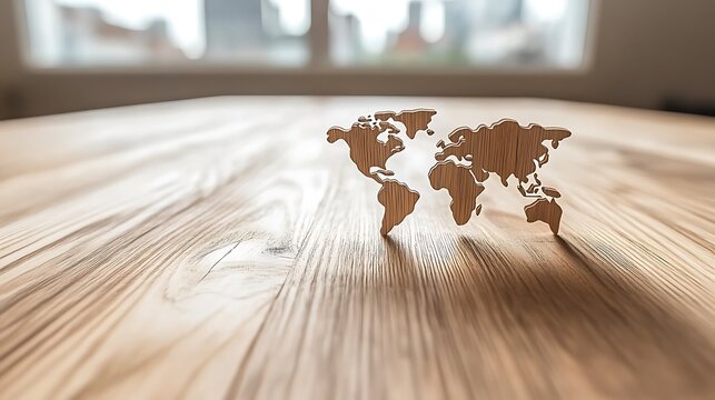 Wooden world map on table.