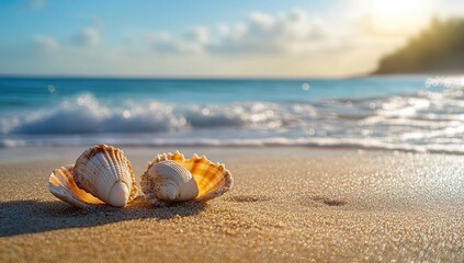Obraz premium Seashells on golden beach at sunset. Soft waves gently caress the shore