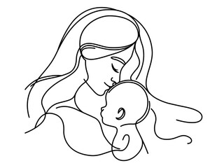 Abstract mom continuous line art. Mother and baby vector logo symbol. Woman and baby line art. Happy International Mother's Day card, posters designs, art print. Young mommy hugging her baby