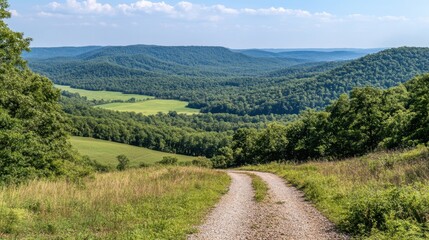 Obraz premium A gravel road in the heart of a deep green forested mountain landscape