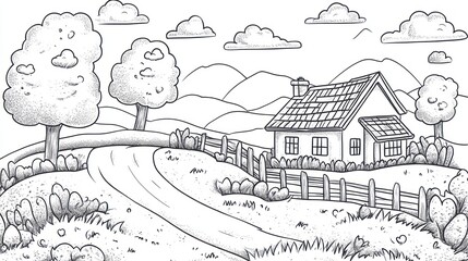 Fototapeta premium Cute, cartoon country landscape with house and road. Possible use Children's book illustration