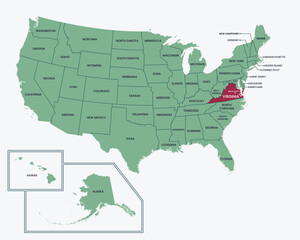 Editable isolated vector map of State of Virginia, United States of America, USA.