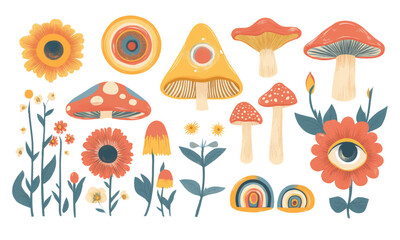 Psych grainy flat vector set, mushroom, leaves and flower colorful elements flat style, summer, spring party, eyes, eye, surreal liquid stile, festival cartoon