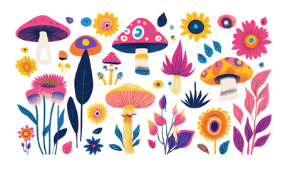Psych grainy flat vector set, mushroom, leaves and flower colorful elements flat style, summer, spring party, eyes, eye, surreal liquid stile, festival cartoon